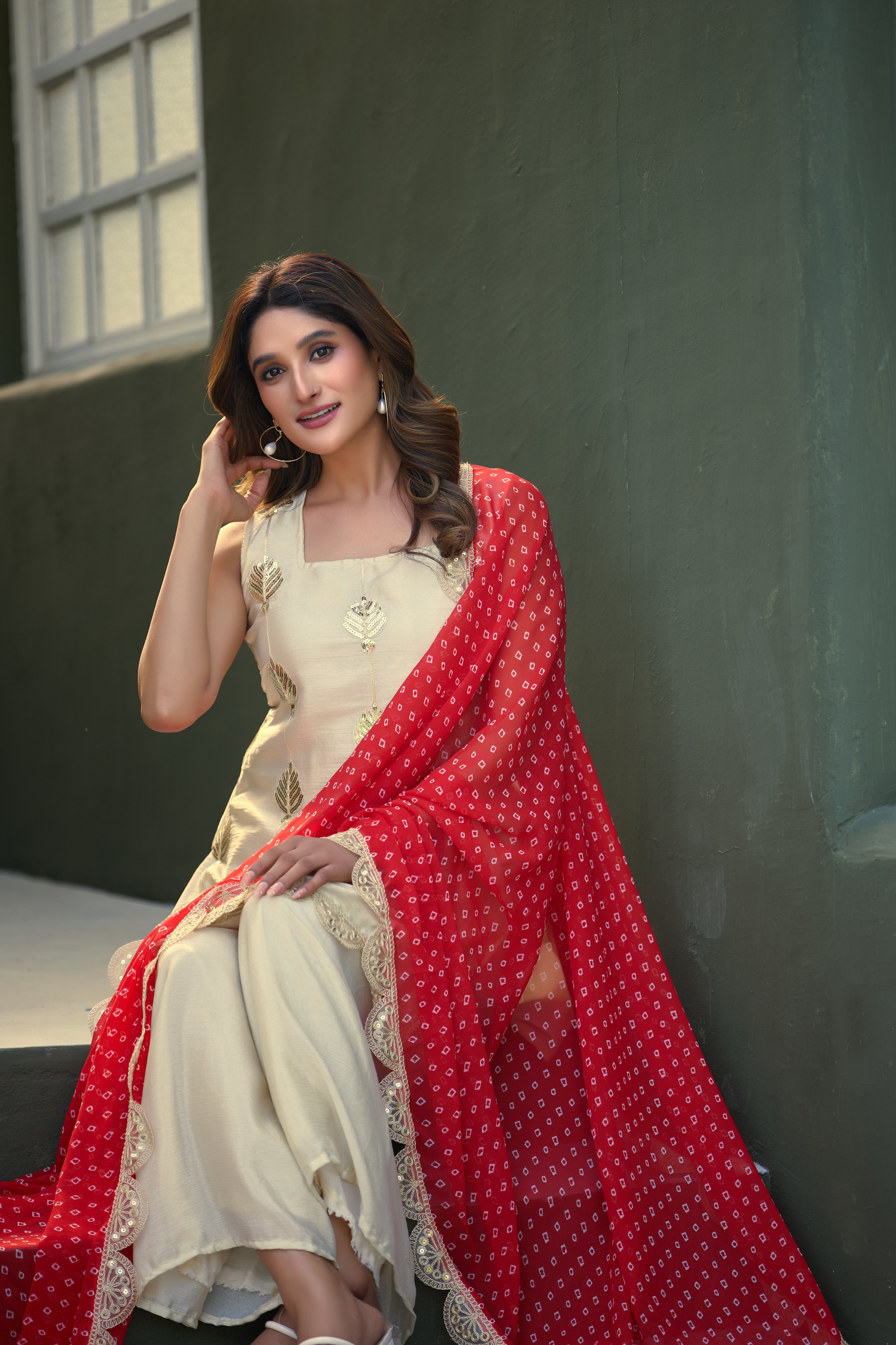 Chinon Embroidery Sharara Set With Royal Bandhani Dupatta