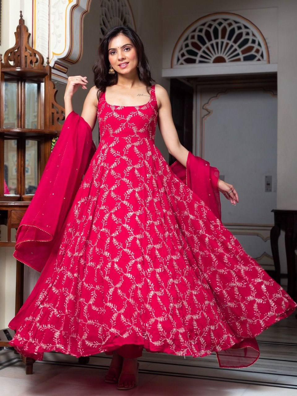 Elegant Embroidered Anarkali Sharara Set with Lace Dupatta