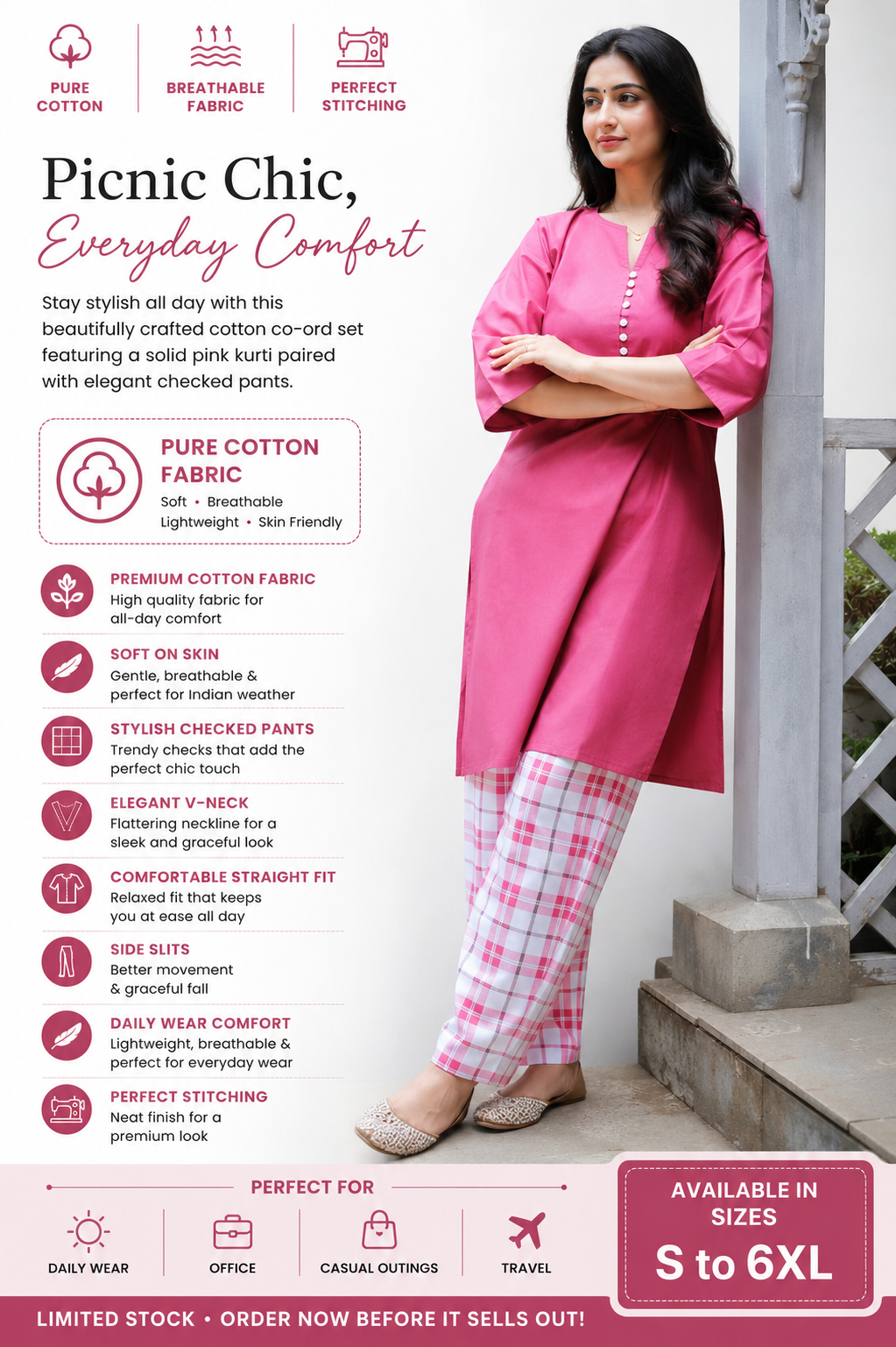 Classic Rose Pink Cotton  Co-Ord Set