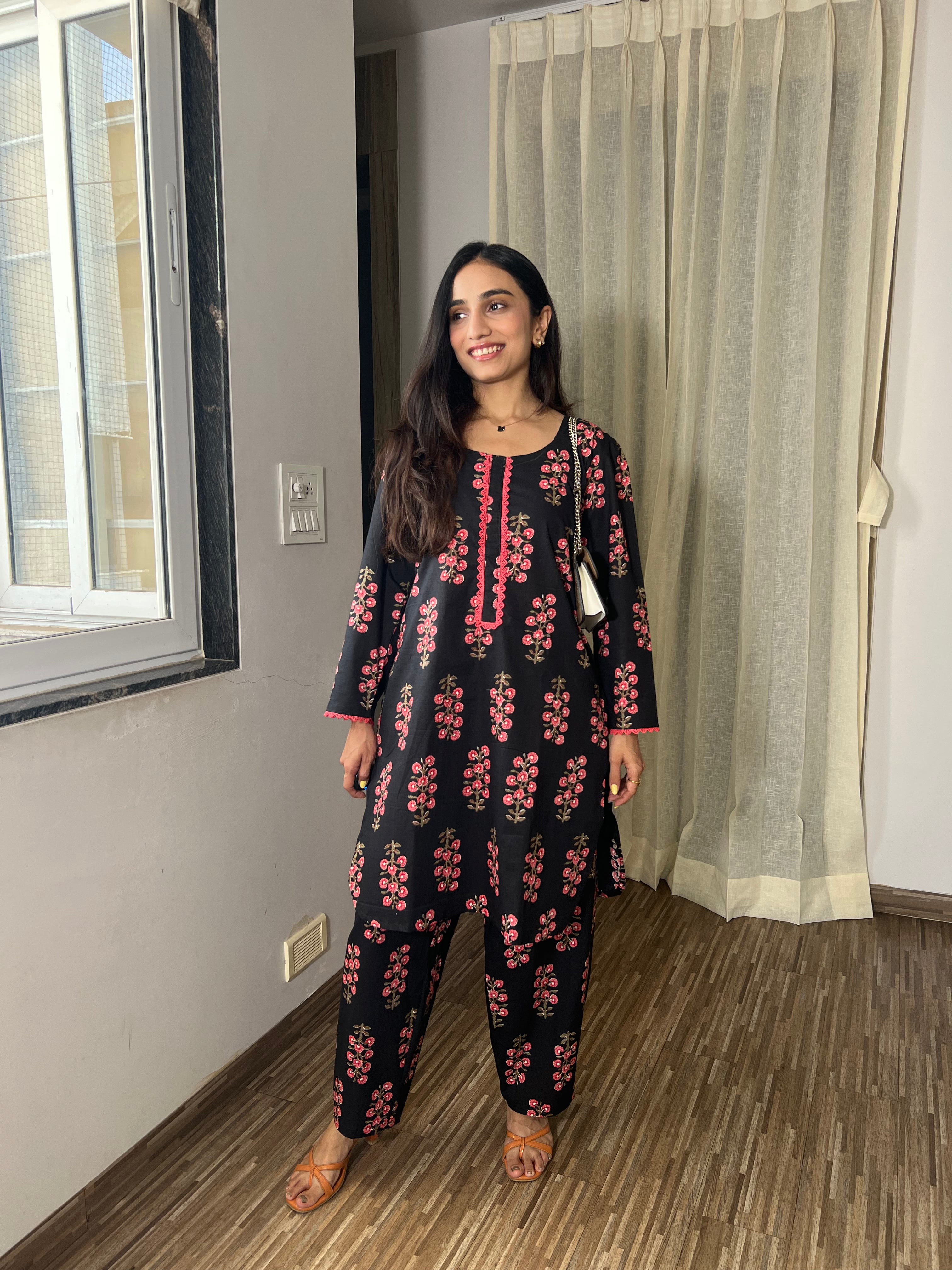 Black Floral Co-Ord Set with Lace Detailing