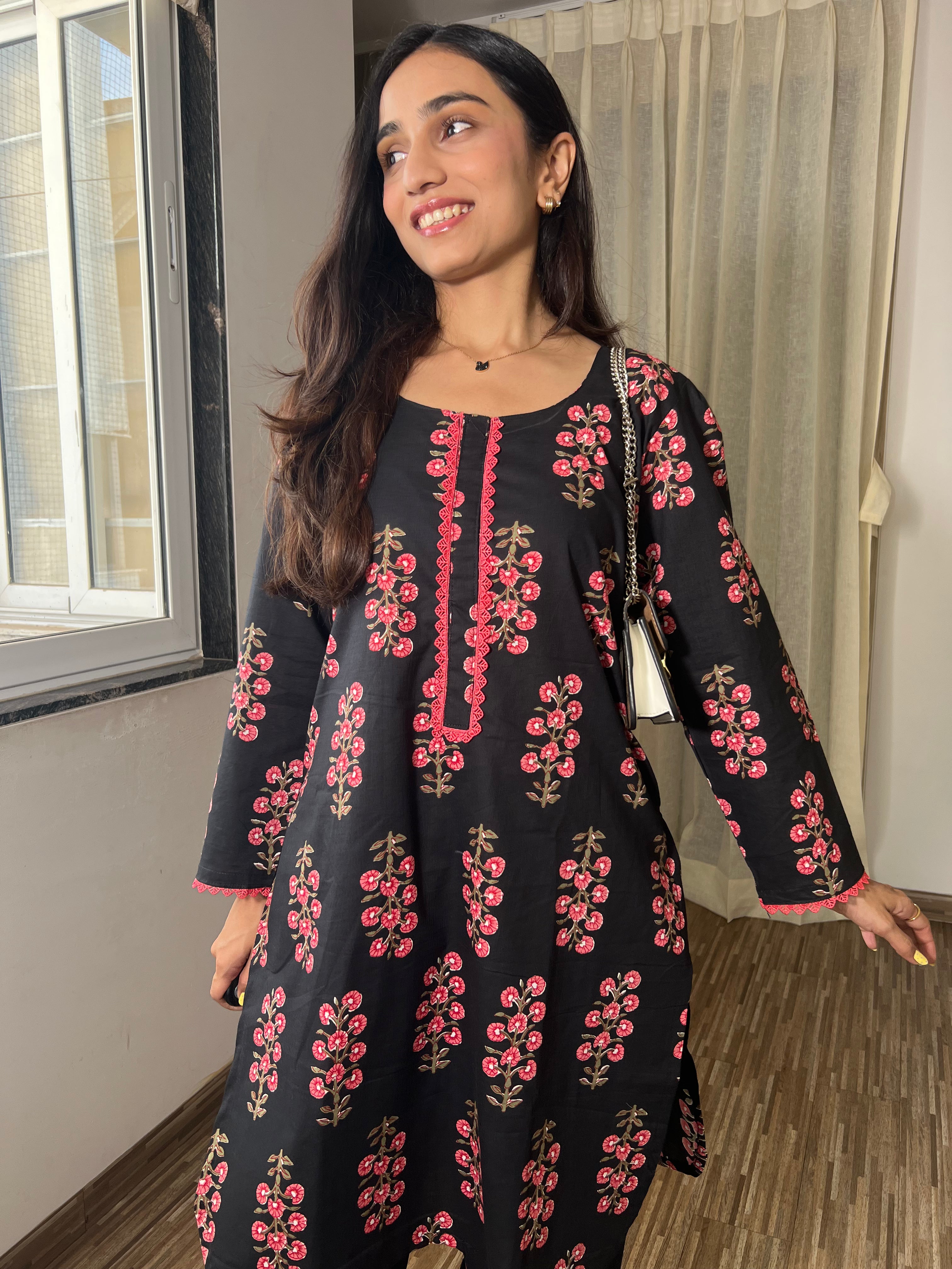 Black Floral Co-Ord Set with Lace Detailing