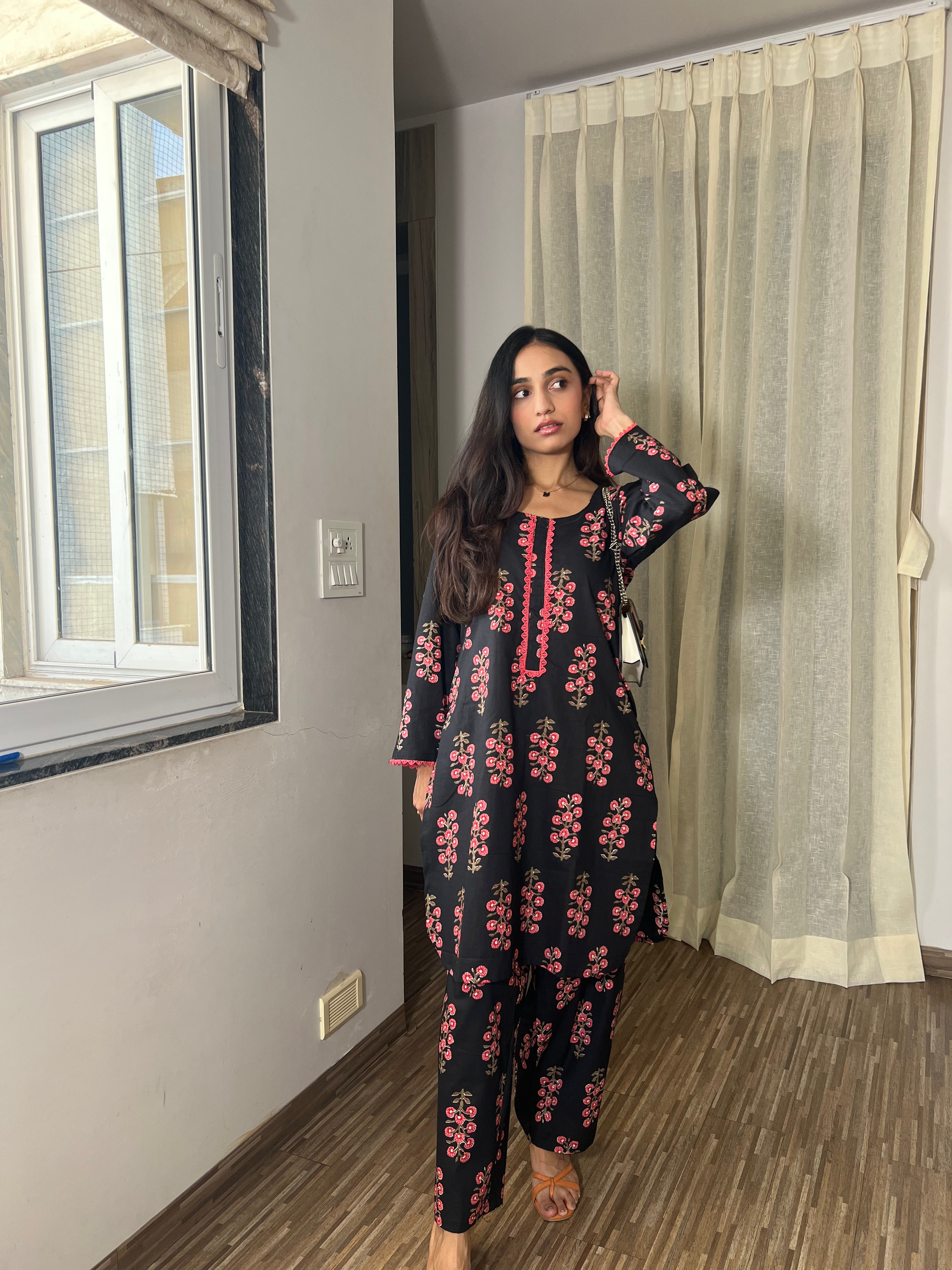 Black Floral Co-Ord Set with Lace Detailing