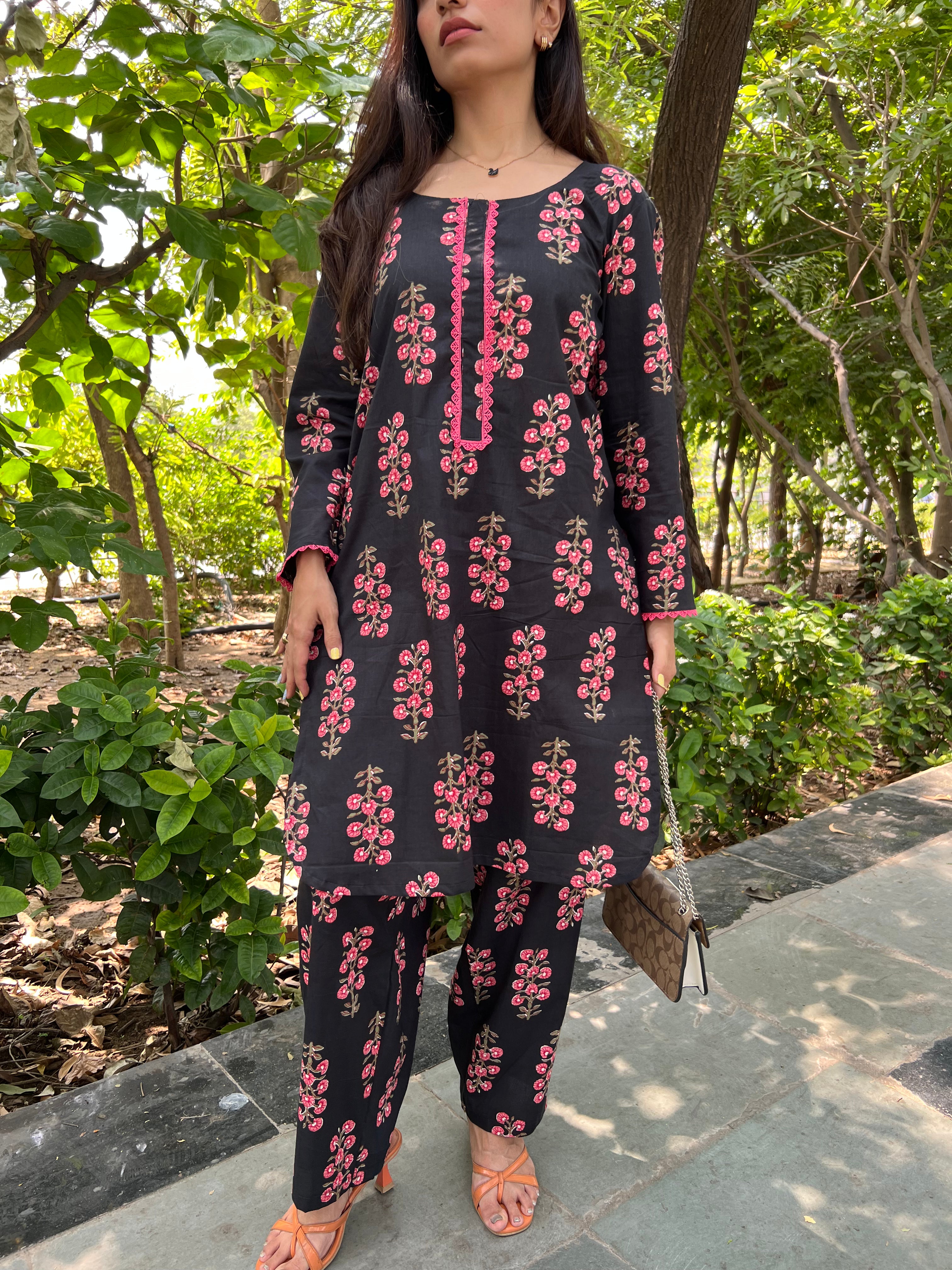 Black Floral Co-Ord Set with Lace Detailing