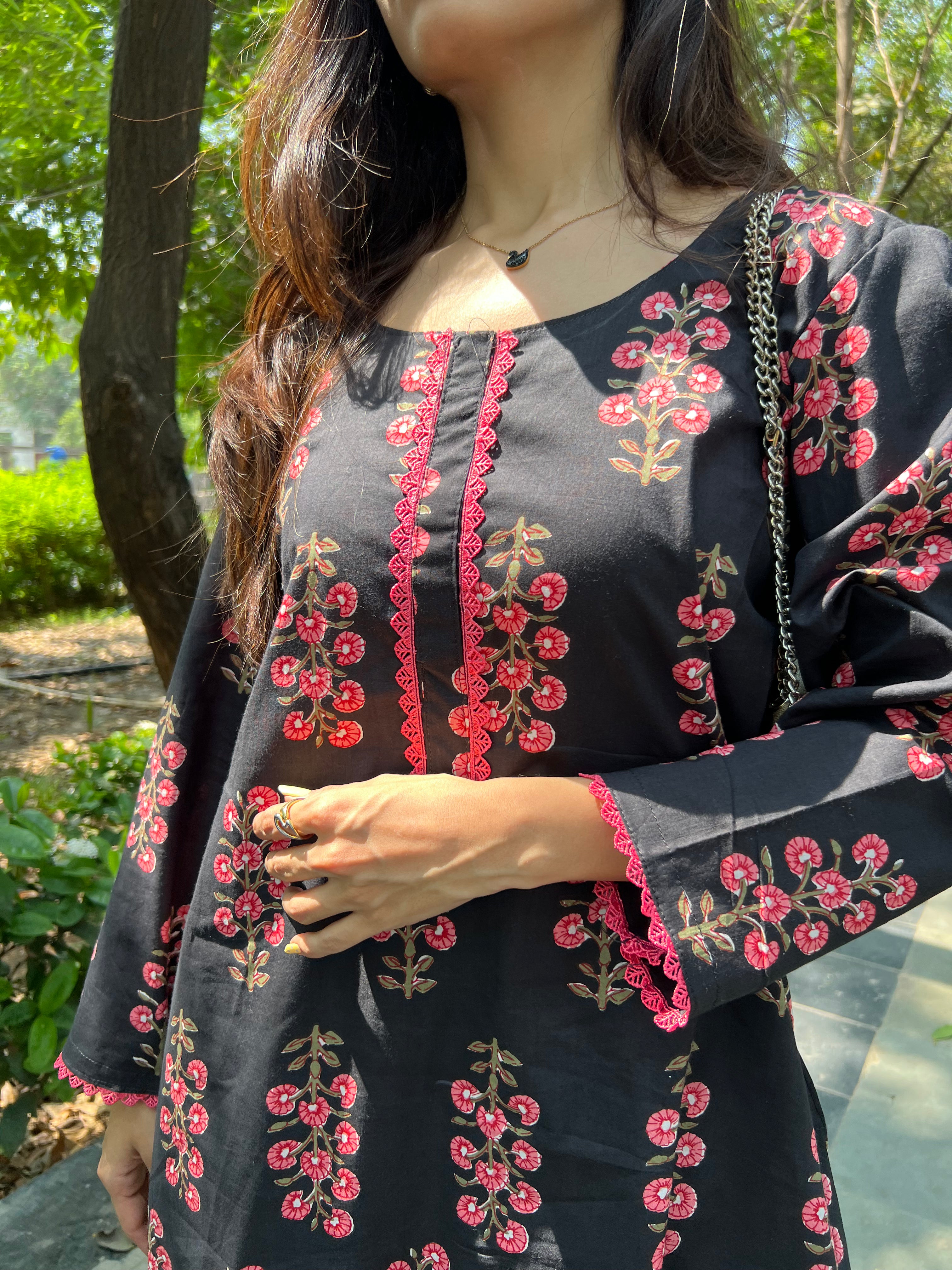 Black Floral Co-Ord Set with Lace Detailing