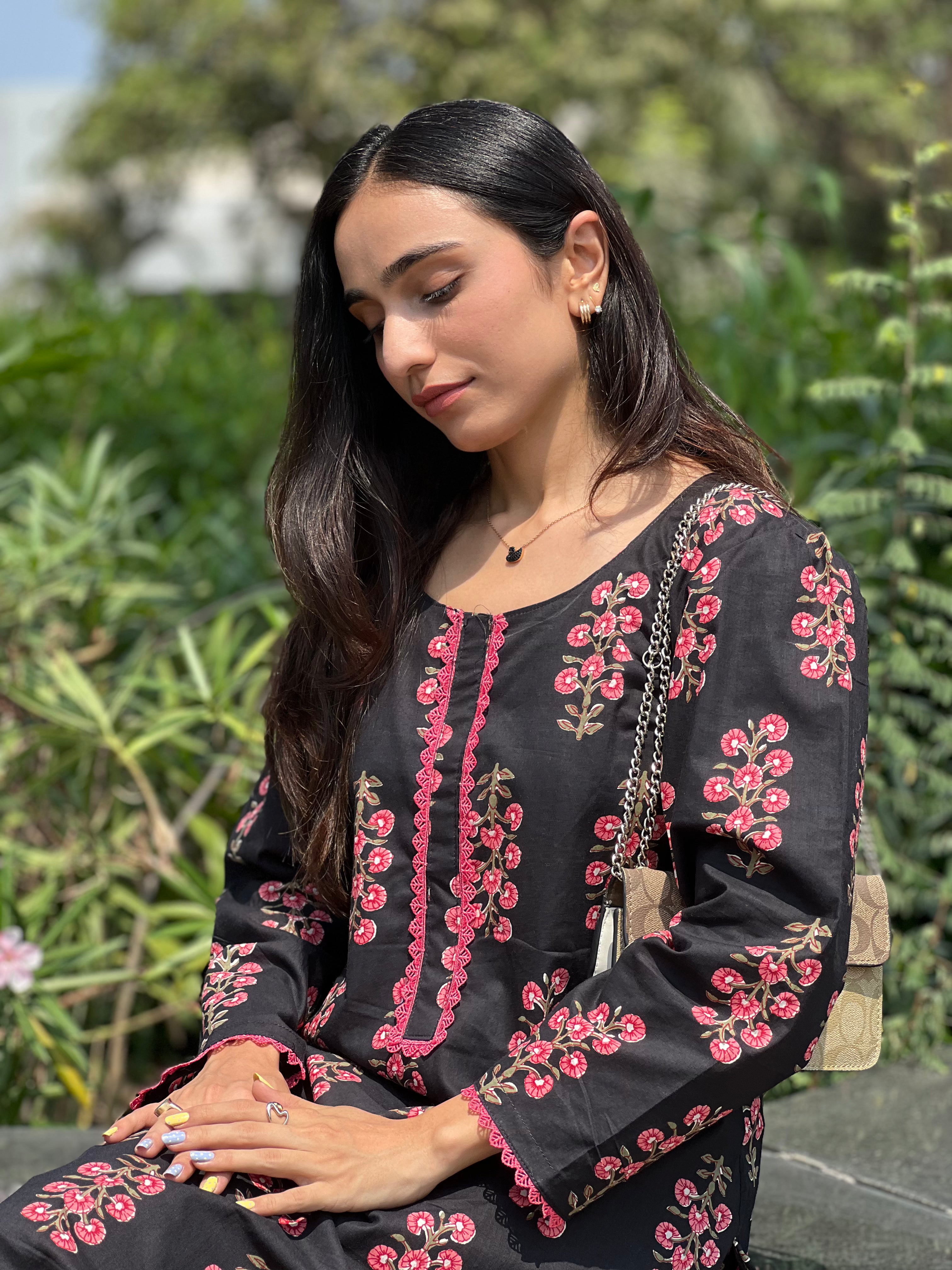 Black Floral Co-Ord Set with Lace Detailing