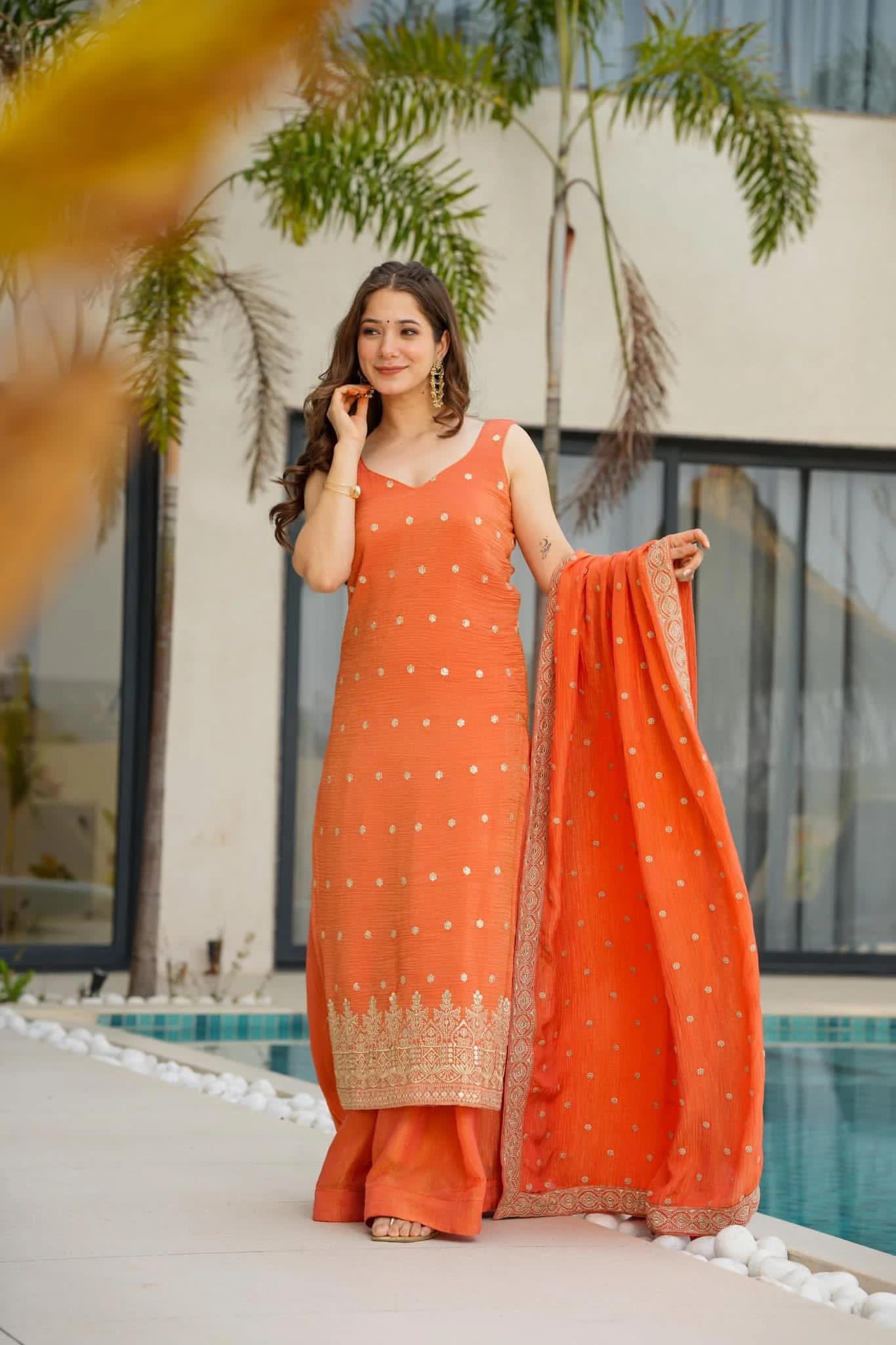 Orange Chinnon Silk Embroidered Suit :3 piece suit(top,bottom&dupatta)