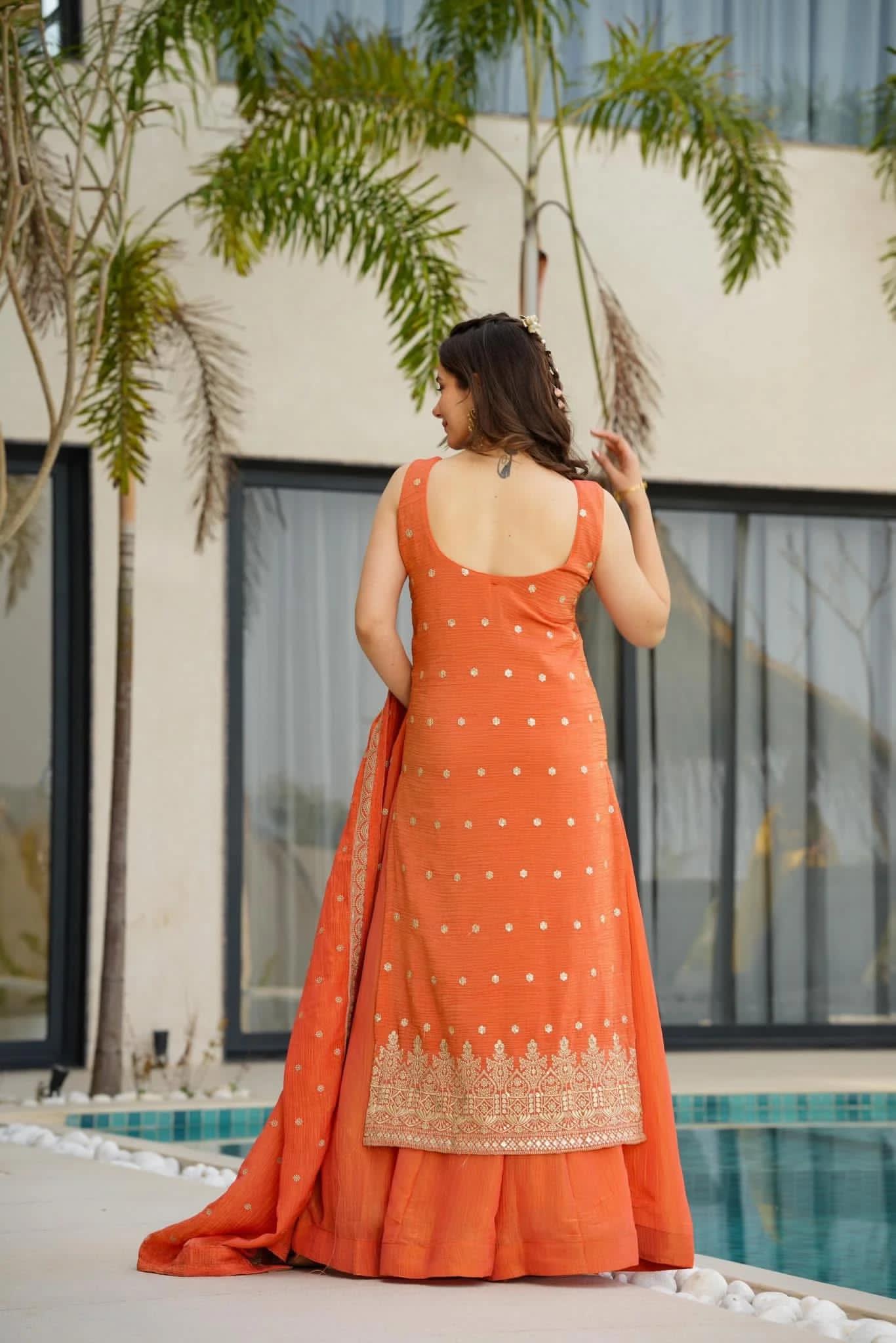Orange Chinnon Silk Embroidered Suit :3 piece suit(top,bottom&dupatta)