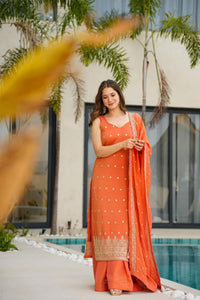 Orange Chinnon Silk Embroidered Suit :3 piece suit(top,bottom&dupatta)
