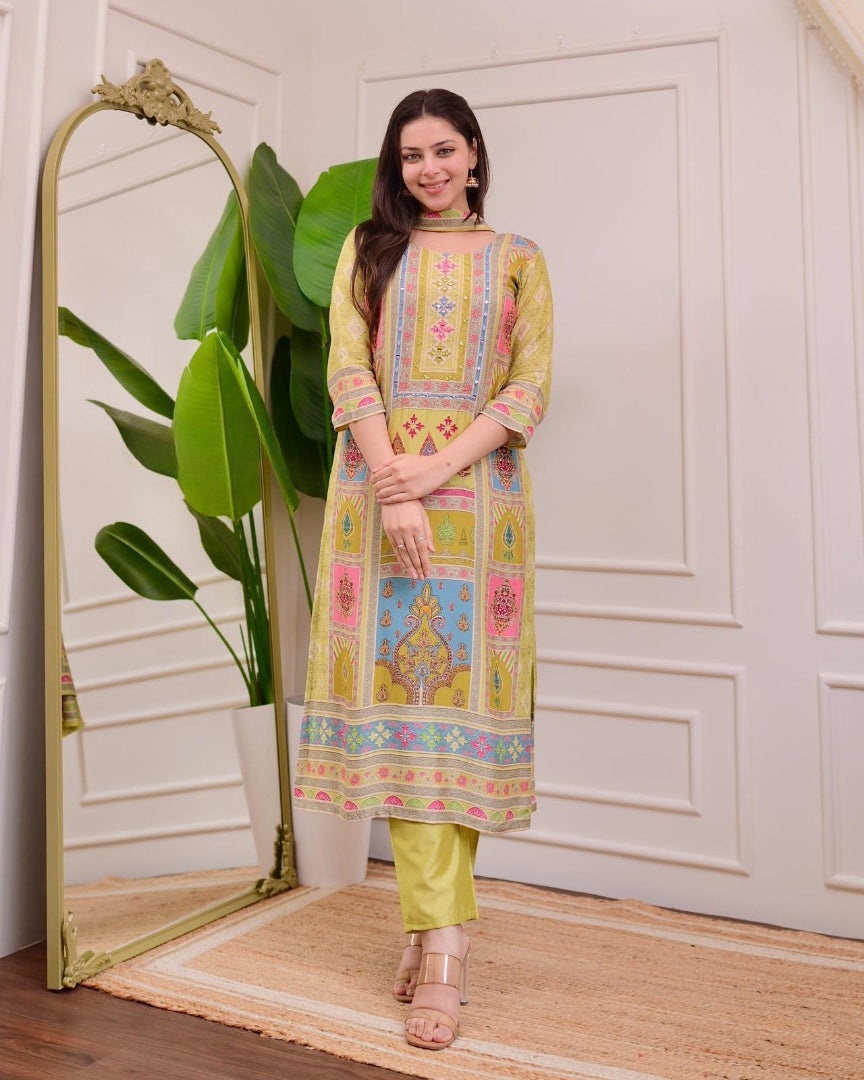 Exclusive Yellow Satin Kurti Pant With Dupatta