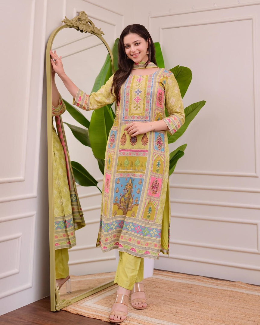 Exclusive Yellow Satin Kurti Pant With Dupatta