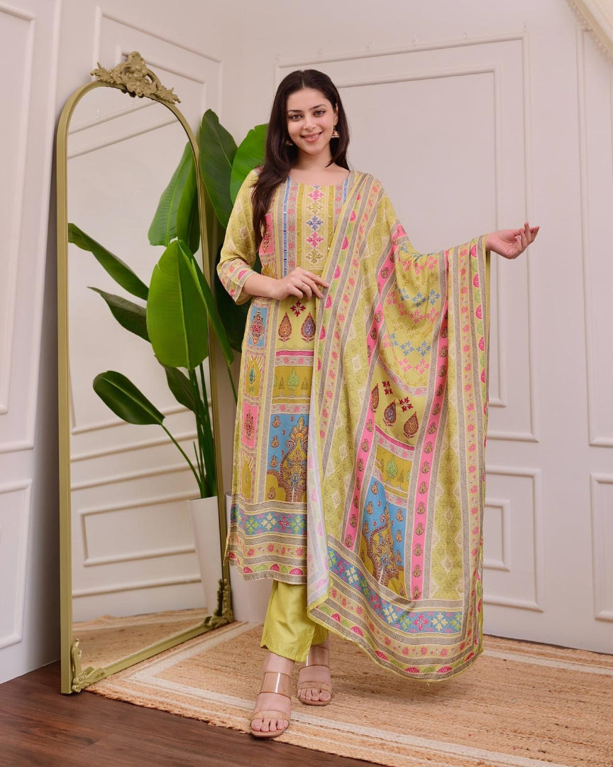 Exclusive Yellow Satin Kurti Pant With Dupatta