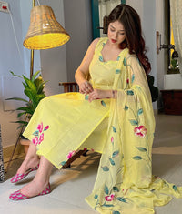 Exclusive Yellow Handpainted Straight Cut Suit Set