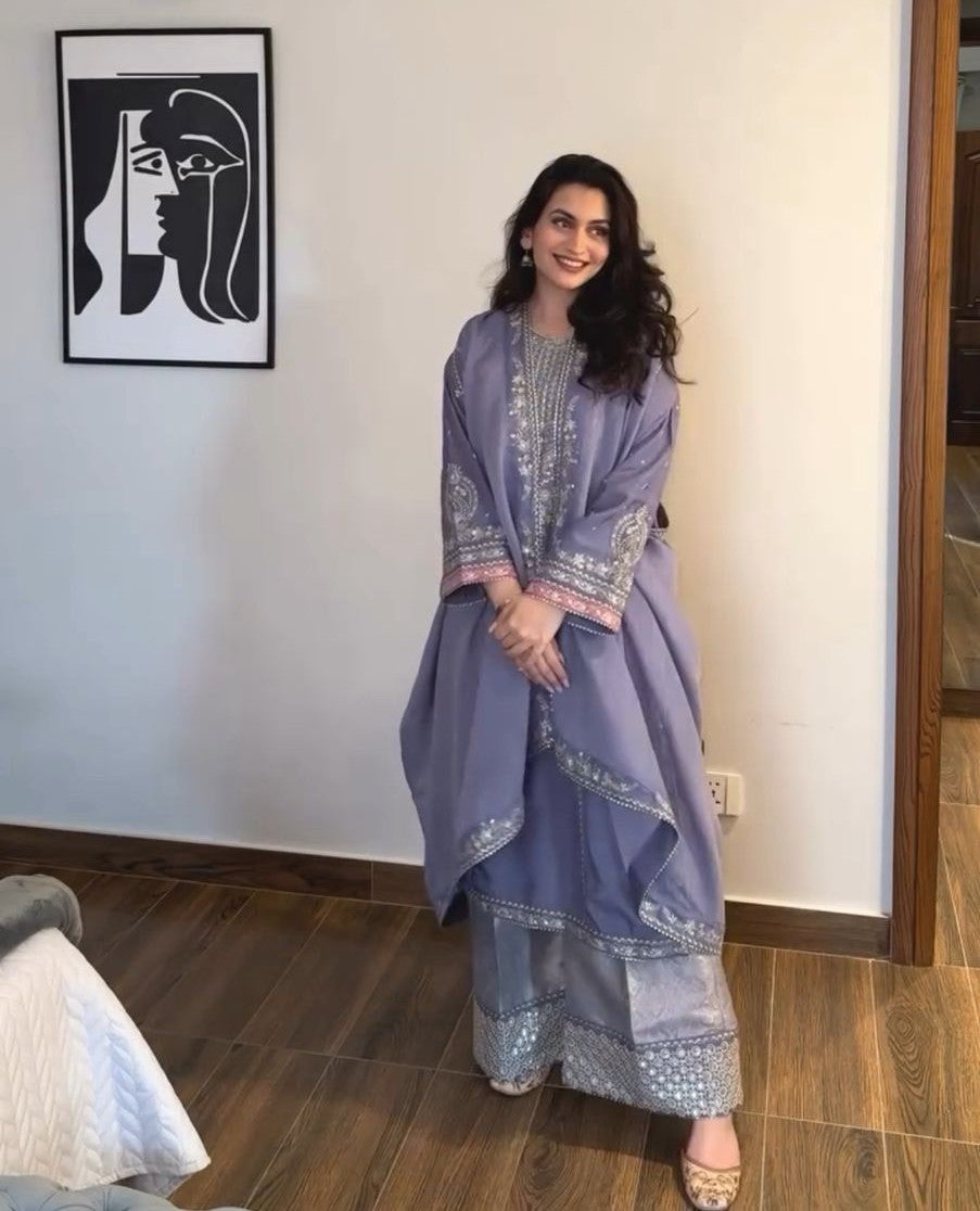 DESIGNER WEAR EMBROIDERED BOAT NECK TOP WITH PLAZZO PAIR