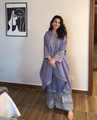 DESIGNER WEAR EMBROIDERED BOAT NECK TOP WITH PLAZZO PAIR