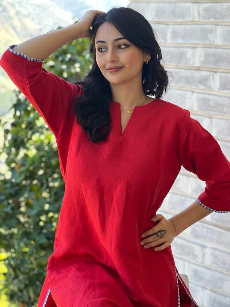 Classic Red Pure Cotton Co-Ord Kurti Set