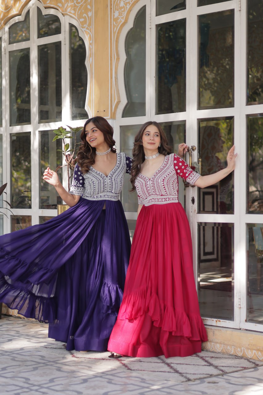 Georgette Embroidered Kurti with Lehenga Set