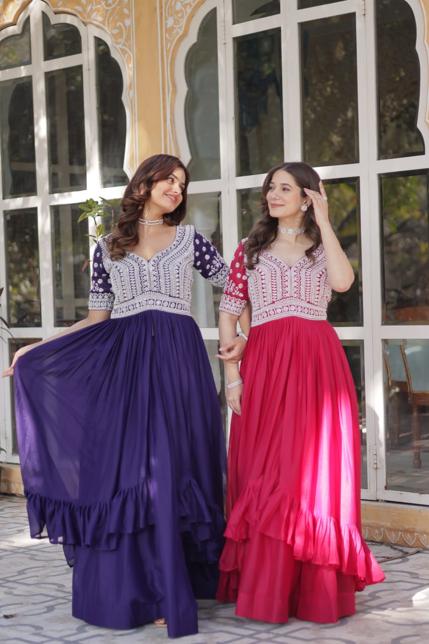 Georgette Embroidered Kurti with Lehenga Set