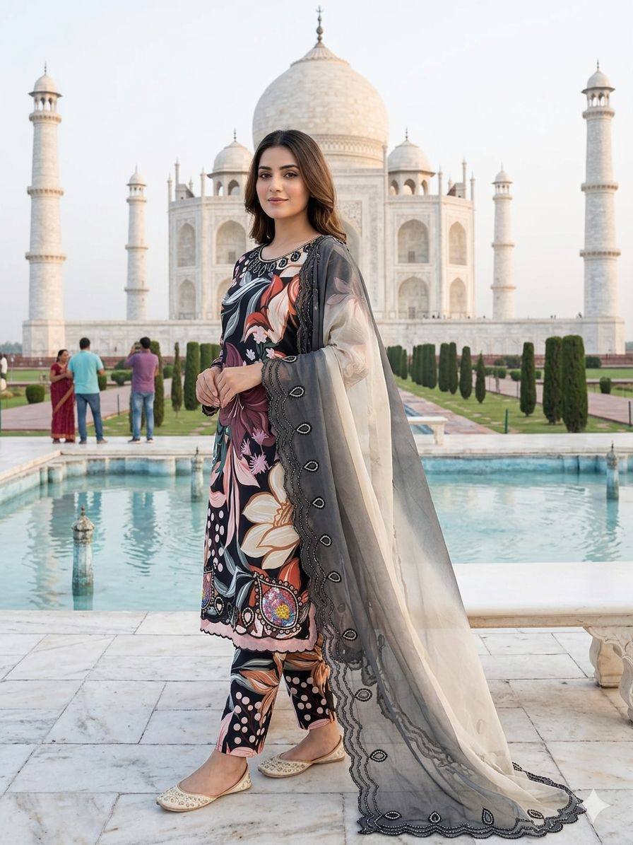 Elara Printed Maslin Embroidered Suit Set