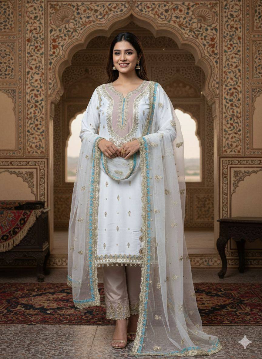 Nooraya Sequin Luxe Crepe Silk Plazzo Set With Butterfly Net Dupatta