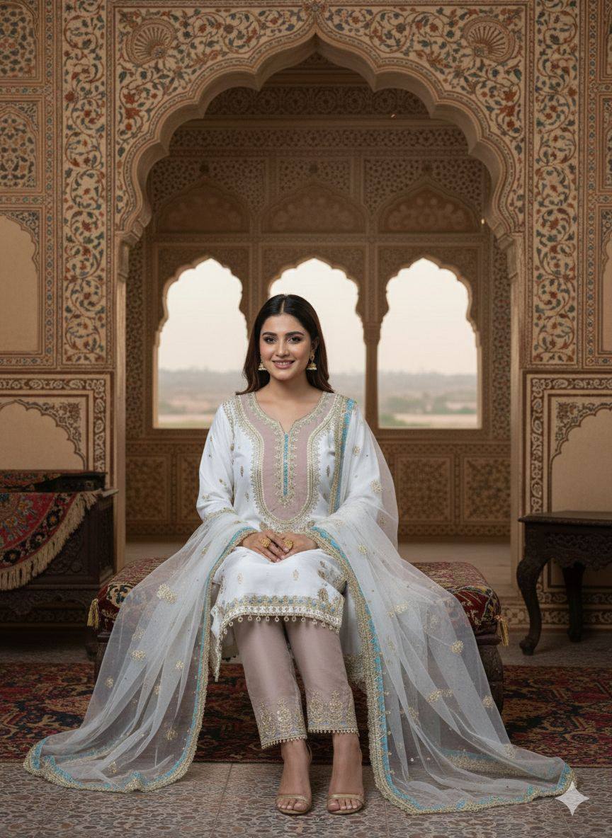 Nooraya Sequin Luxe Crepe Silk Plazzo Set With Butterfly Net Dupatta