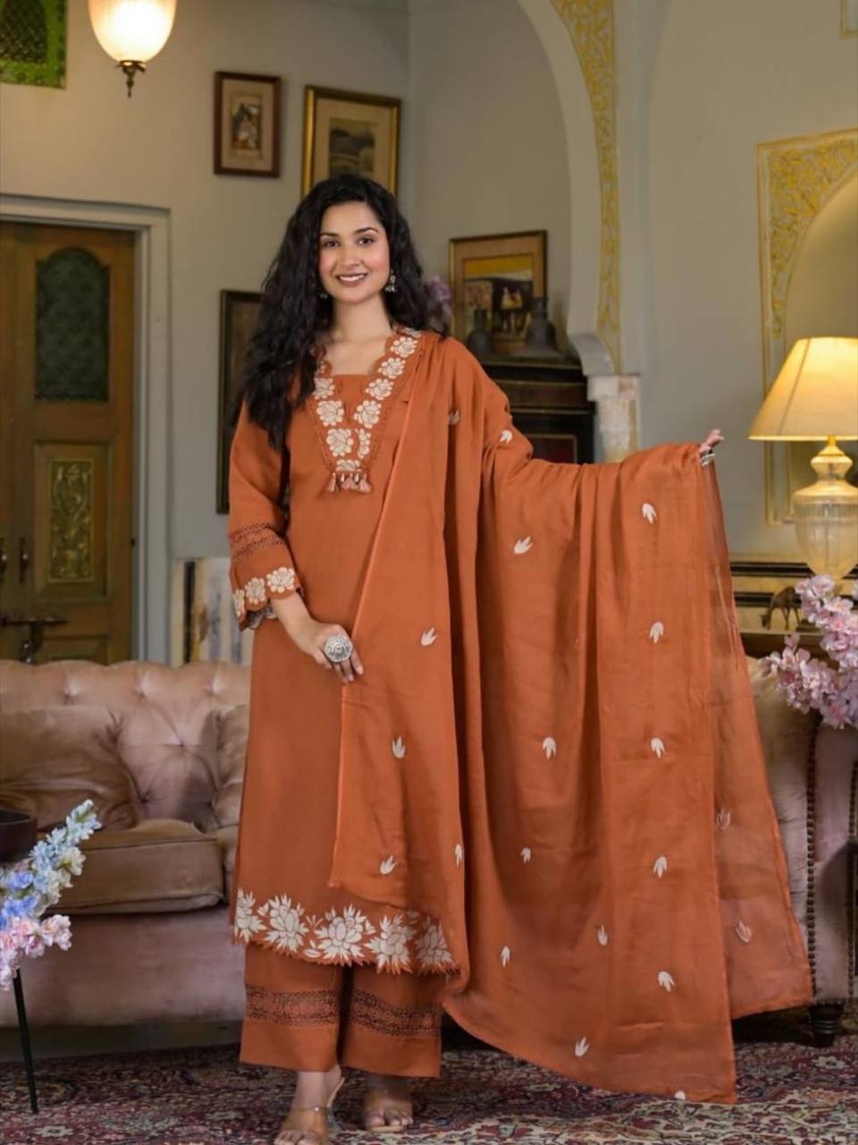 Elegant Reyon Slub Cotton Embroidered Suit Set