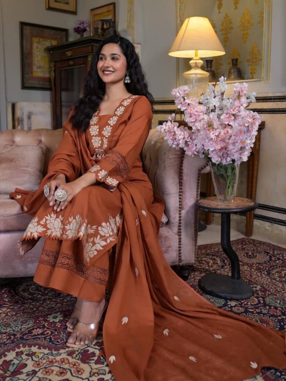 Elegant Reyon Slub Cotton Embroidered Suit Set