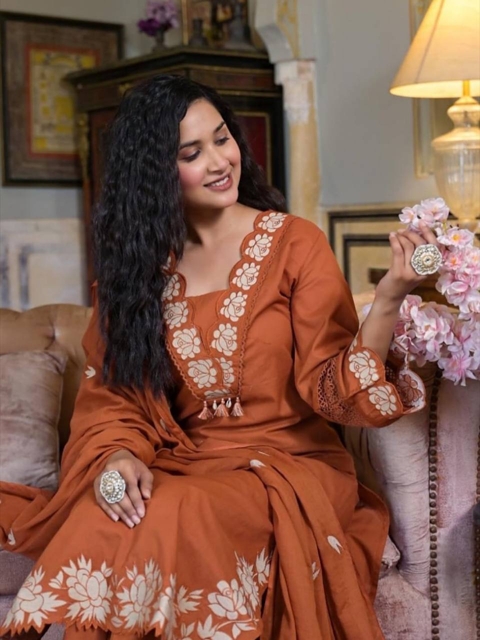 Elegant Reyon Slub Cotton Embroidered Suit Set