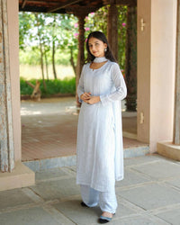Chikankari Embroidered Georgette Suit Set With Palazzo & Dupatta
