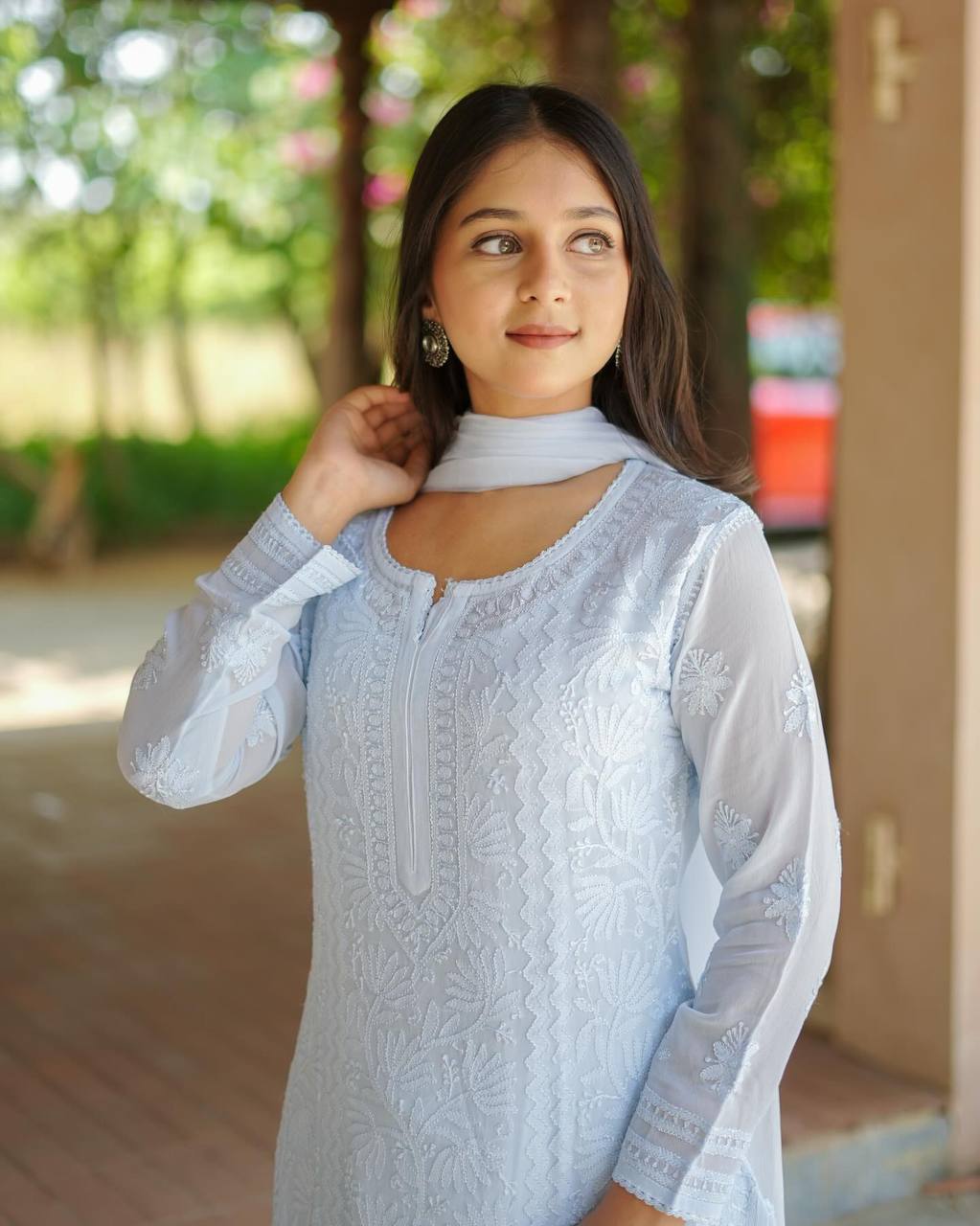 Chikankari Embroidered Georgette Suit Set With Palazzo & Dupatta