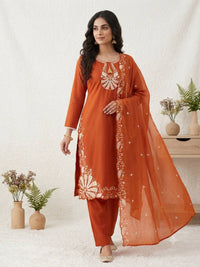 Sequence Embroidered Roman Suit Set with Pant & Dupatta