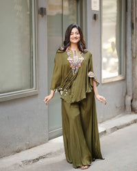 Olive Green Chinon Embroidered Co-Ord Set