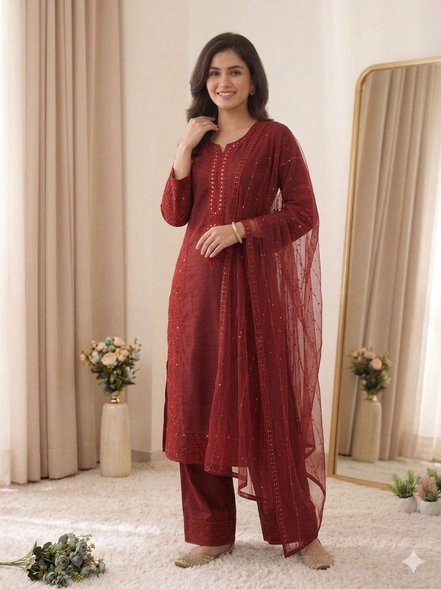 Hand Mirror Sequence Embroidered Top Palazzo Set With Dupatta