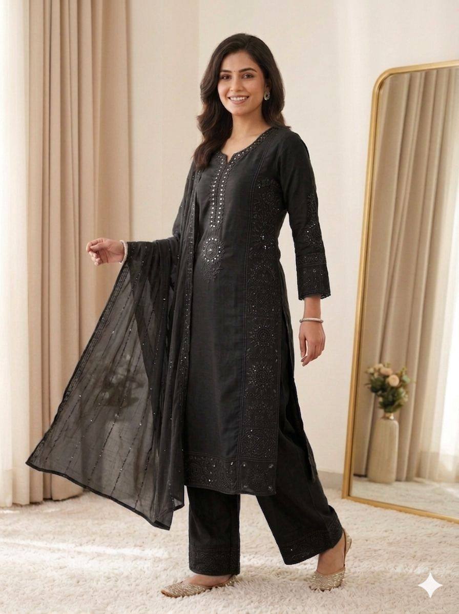 Hand Mirror Sequence Embroidered Top Palazzo Set With Dupatta