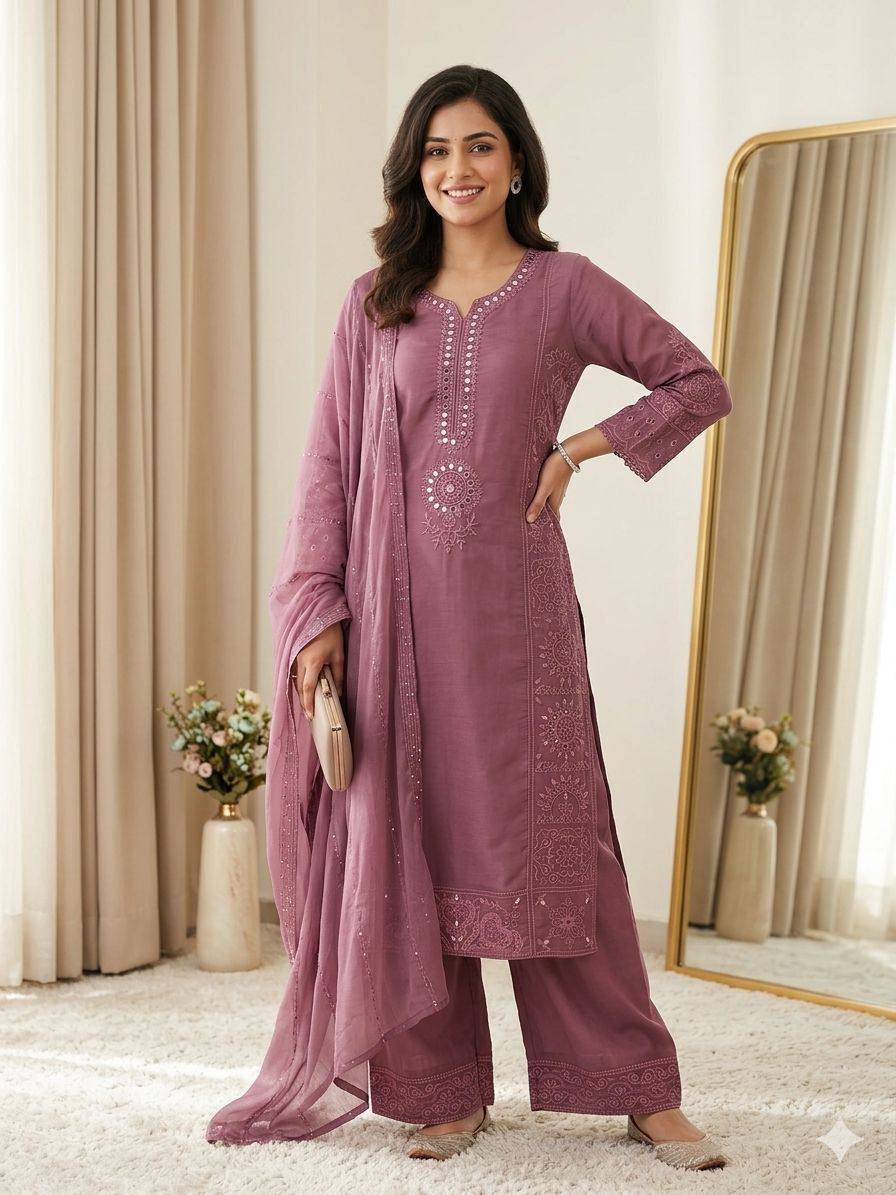 Hand Mirror Sequence Embroidered Top Palazzo Set With Dupatta