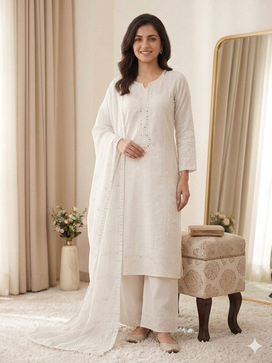 Hand Mirror Sequence Embroidered Top Palazzo Set With Dupatta
