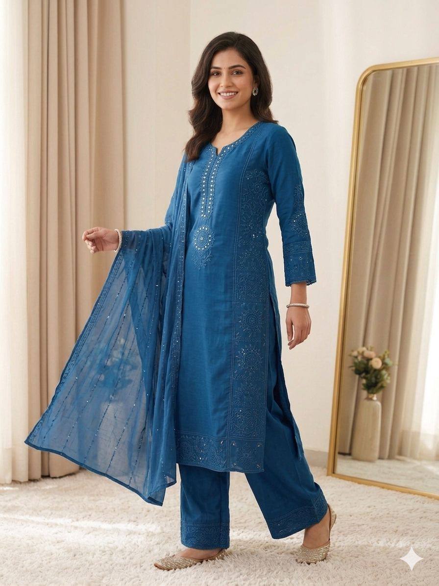 Hand Mirror Sequence Embroidered Top Palazzo Set With Dupatta