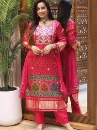 Exclusive Masleen Bandhani-Print Kurti Set with Embroidery & Dupatta