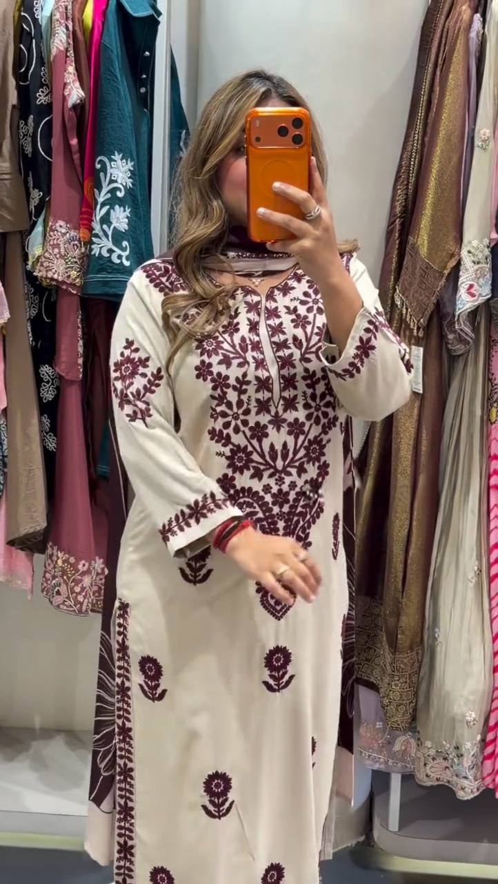Designer Embroidered Rayon Slub Palazzo Suit Set With Dupatta