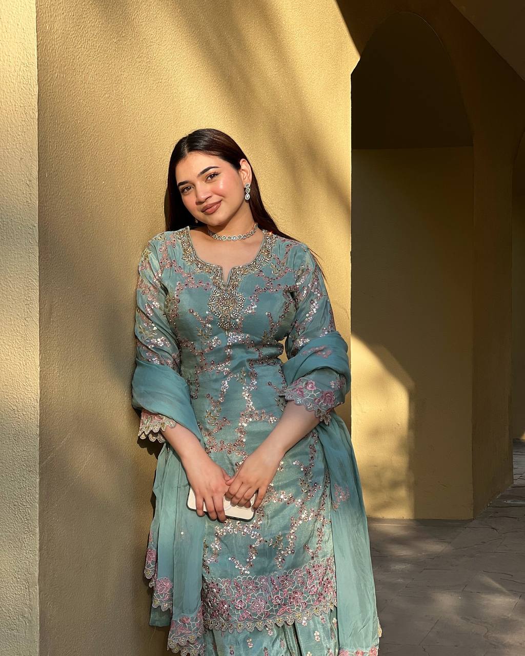 Sky Blue Chinon Embroidered Suit Set