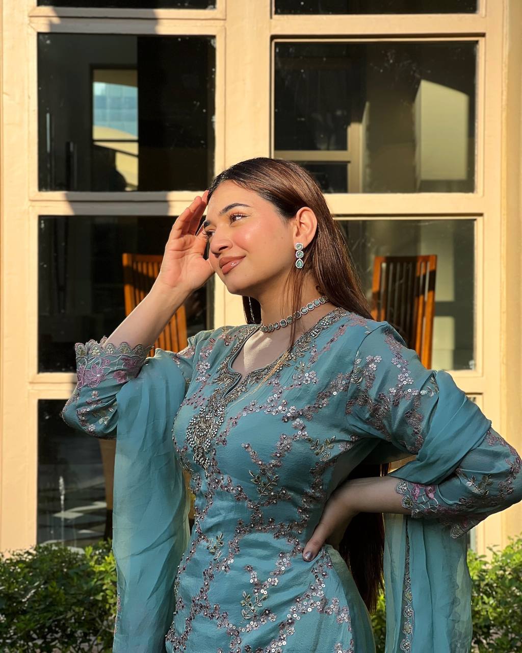 Sky Blue Chinon Embroidered Suit Set