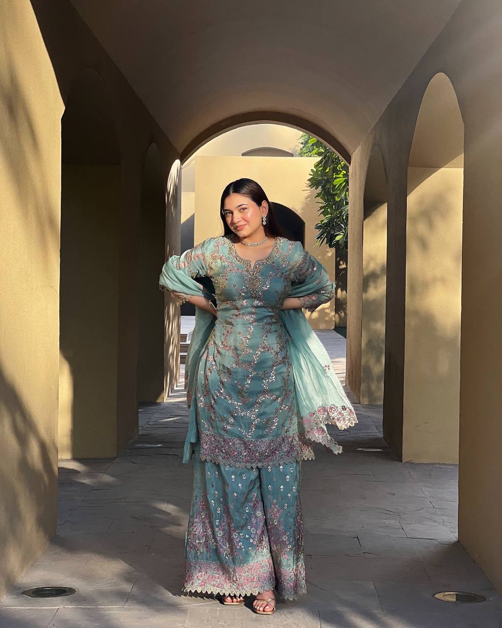 Sky Blue Chinon Embroidered Suit Set