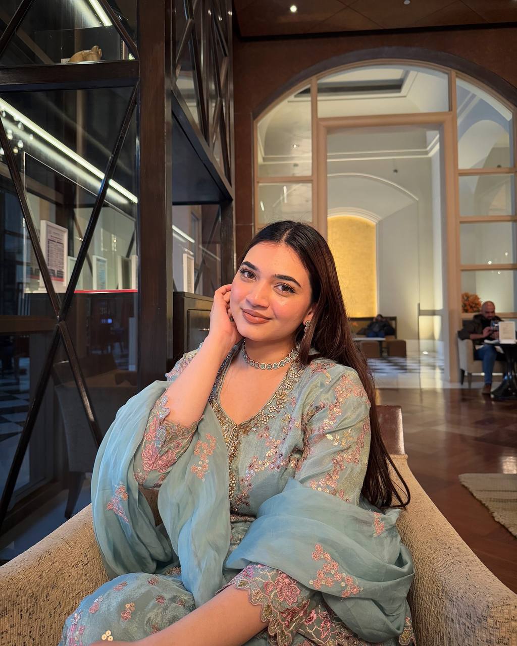 Sky Blue Chinon Embroidered Suit Set