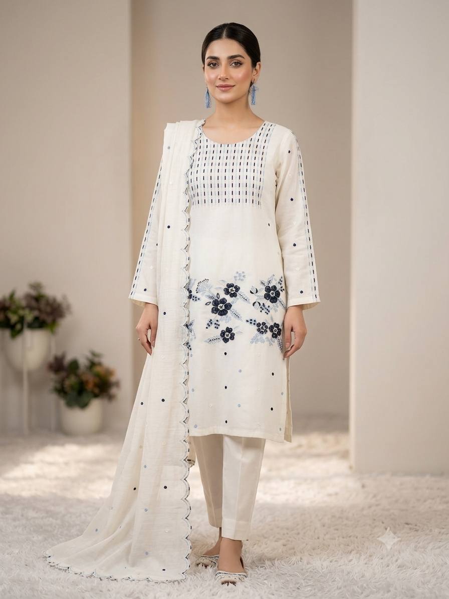 White Roman Suit Set With Pant & Dupatta