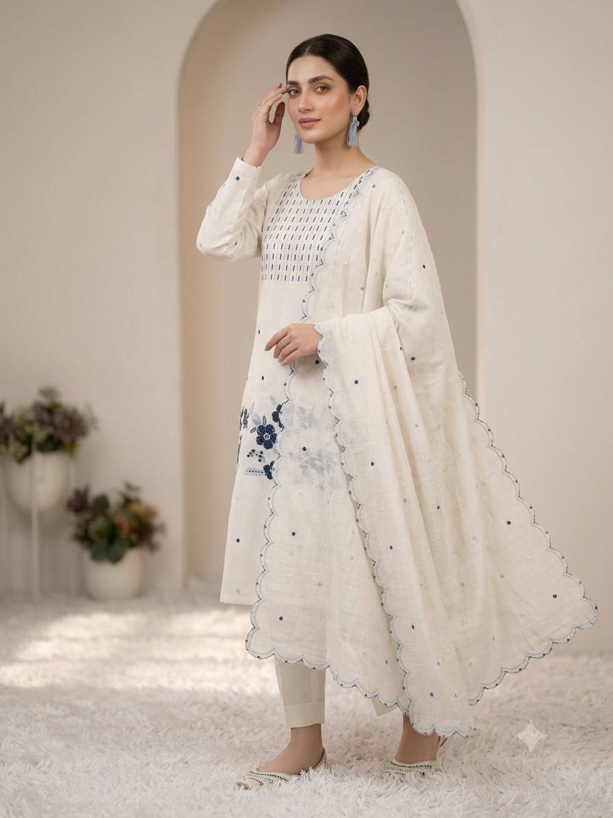 White Roman Suit Set With Pant & Dupatta