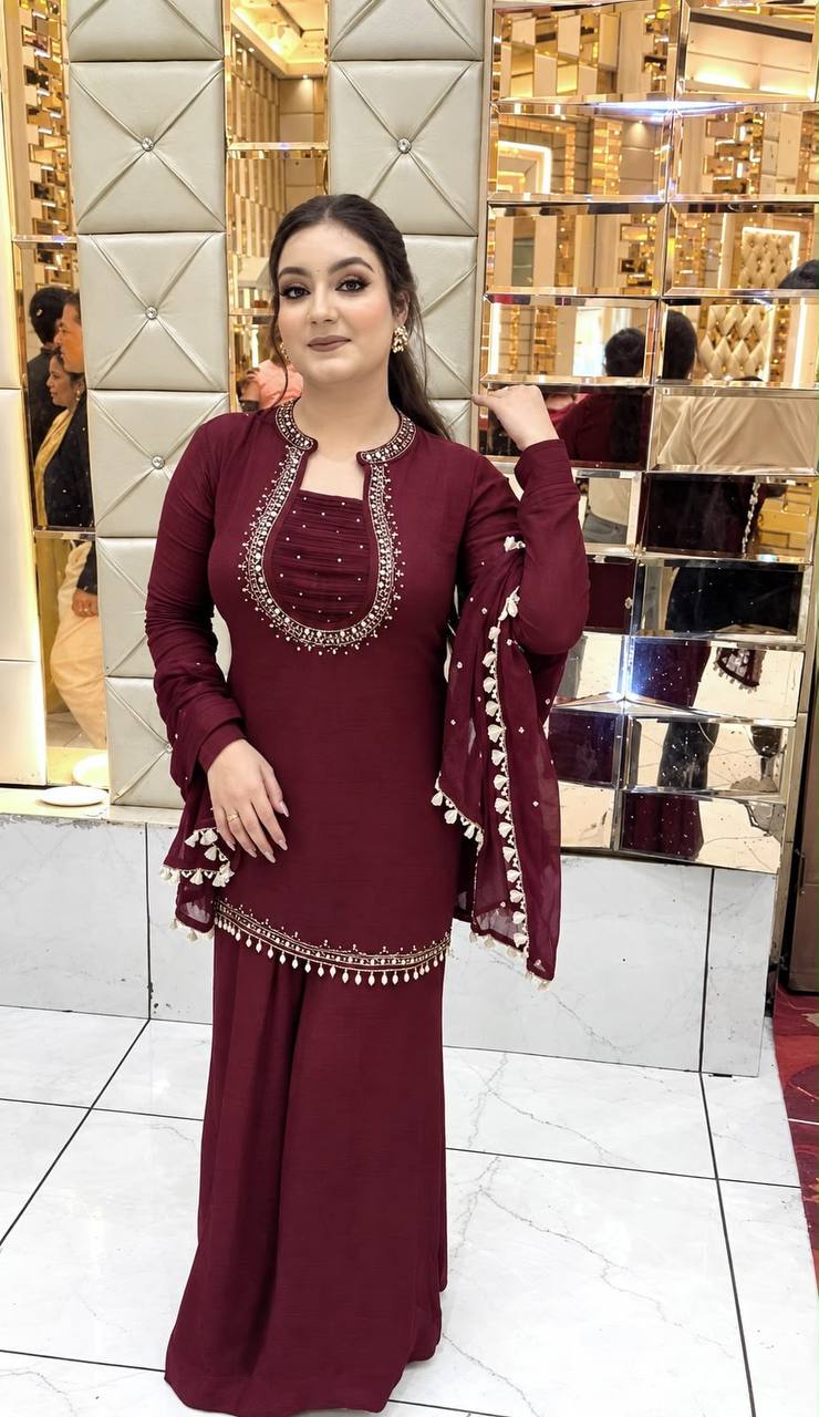 Real Mirror Handwork Suit Set with Palazzo & Dupatta