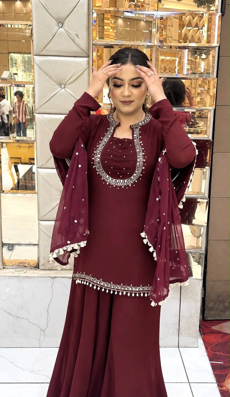 Real Mirror Handwork Suit Set with Palazzo & Dupatta