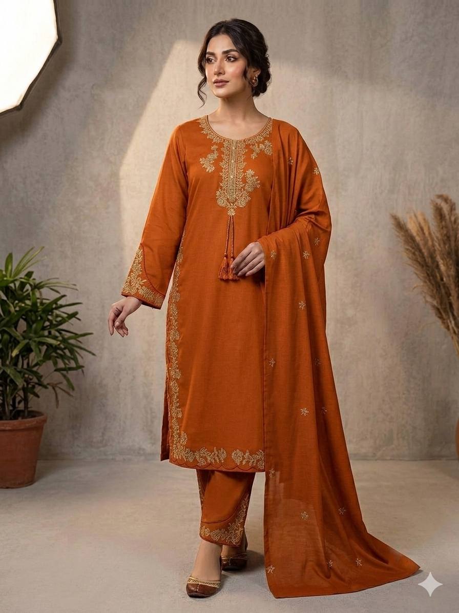 Wedding Season Special Embroidered Roman Palazzo Suit Set With Dupatta