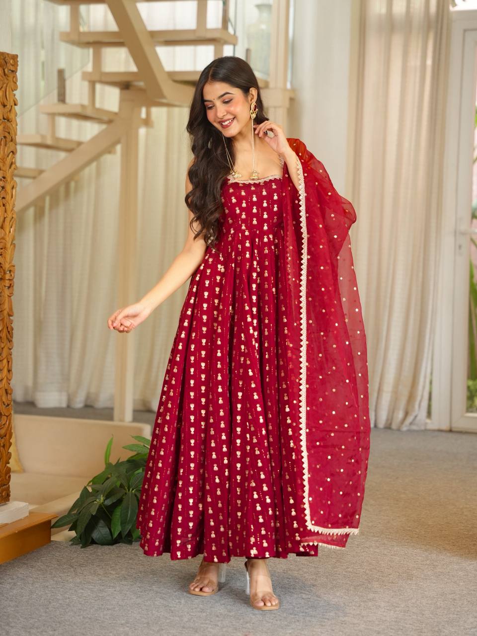 Red Anarkali Suit Set With Elegant Dupatta