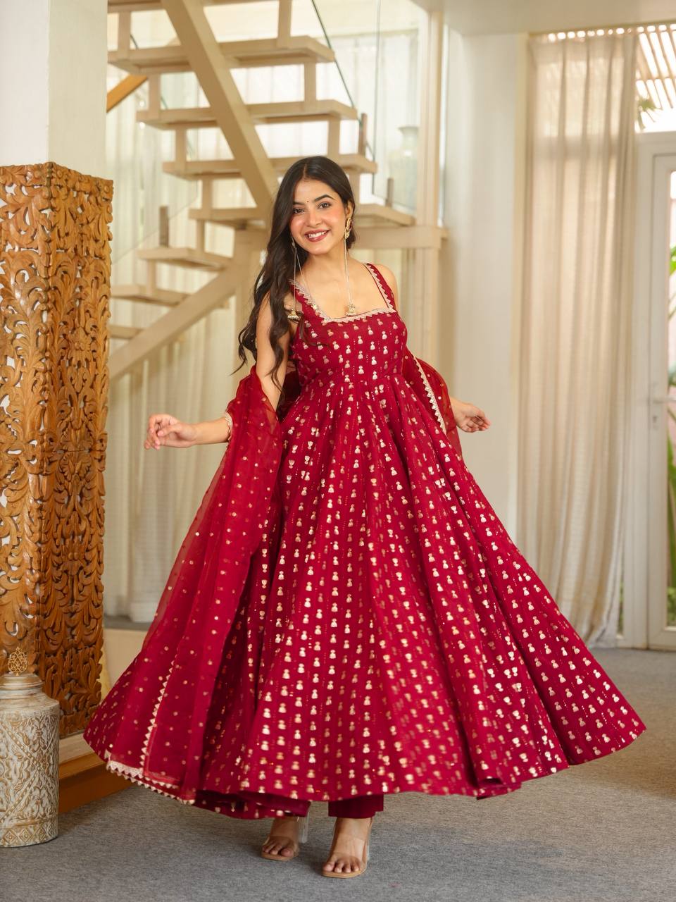 Red Anarkali Suit Set With Elegant Dupatta