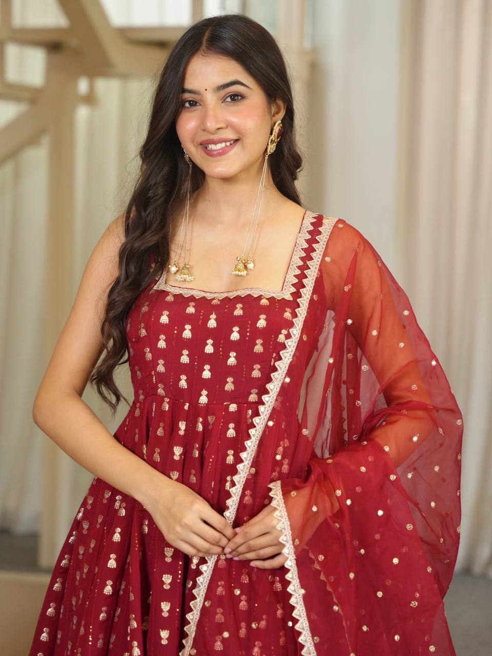 Red Anarkali Suit Set With Elegant Dupatta